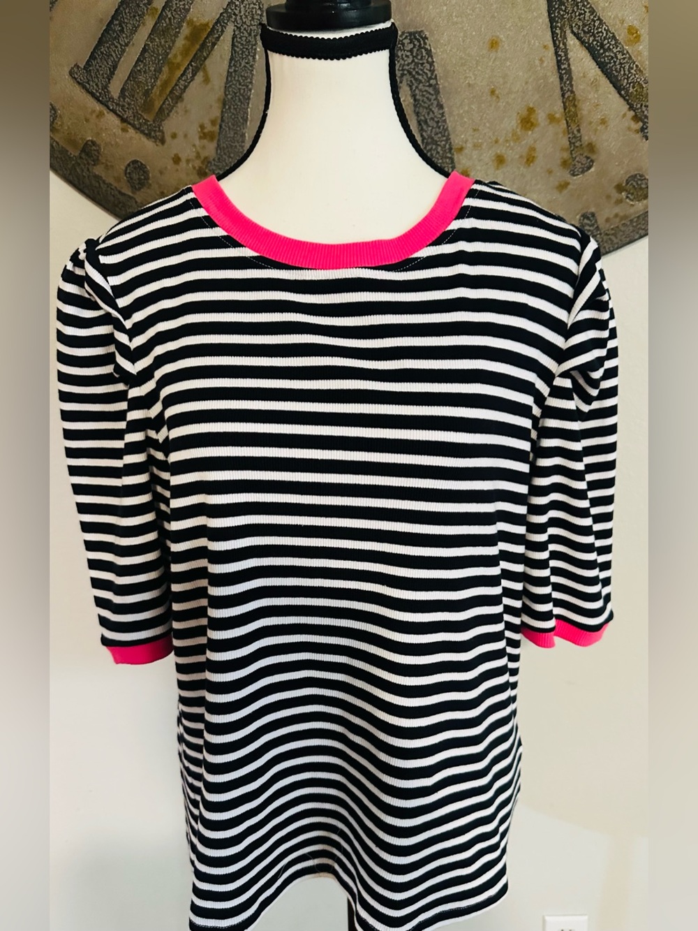 Navy & White Stripe Top with Hot Pink Trim